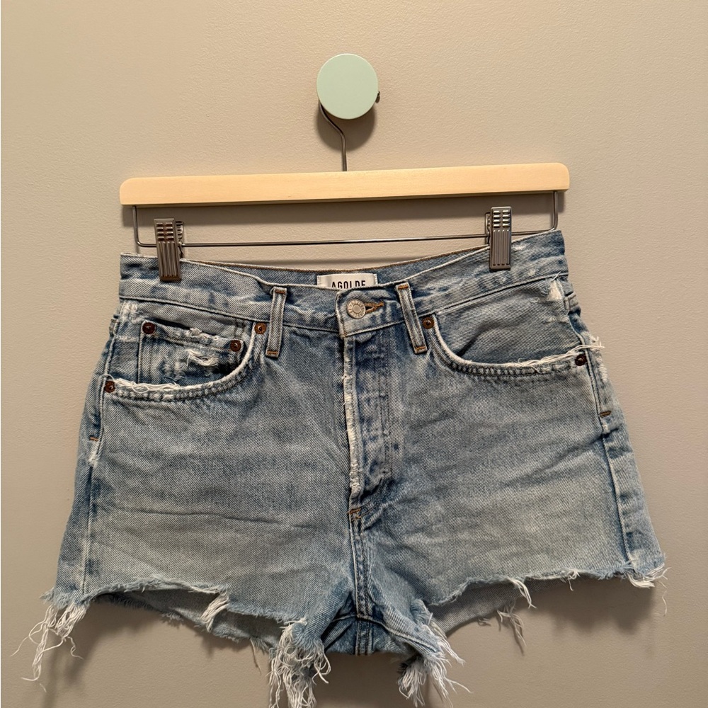Agolde Distressed Light Blue Jean Shorts